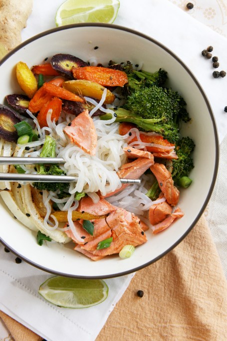 asian noodle bowls tea poached salmon bite