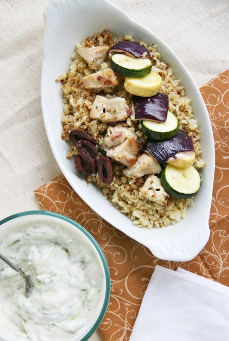 Soulvaki over cauli rice