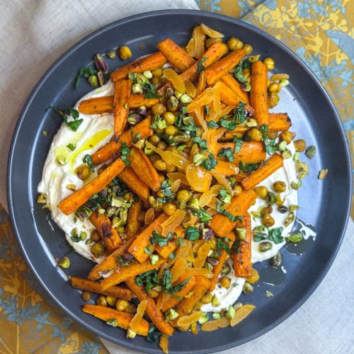 Roasted carrots and chickpeas with whipped feta