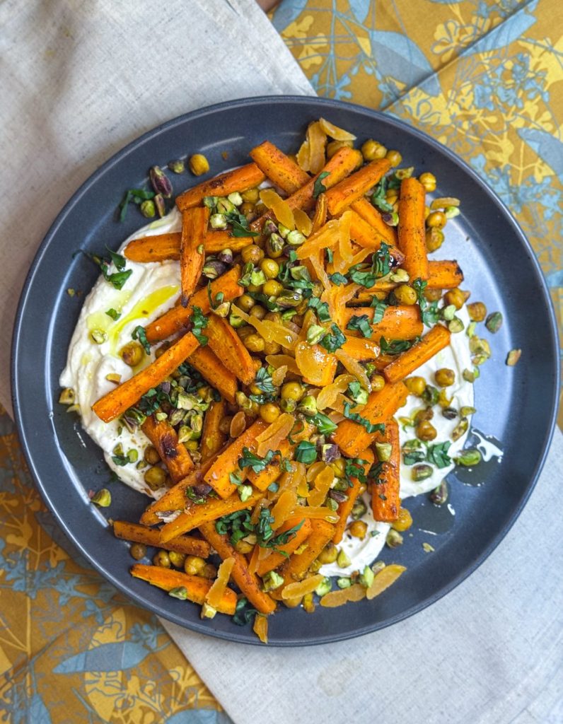 Roasted carrots and chickpeas with whipped feta