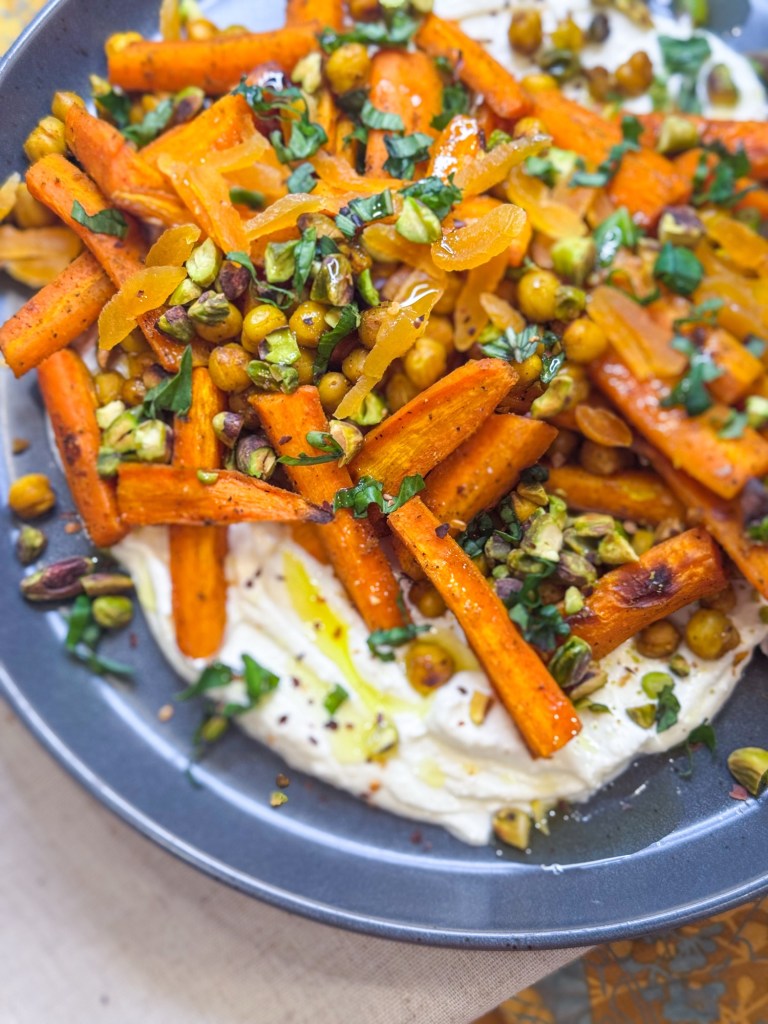 Roasted carrots and chickpeas with whipped feta